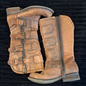 Women's Brown Buckle Mid-Calf Boots with Side Zipper